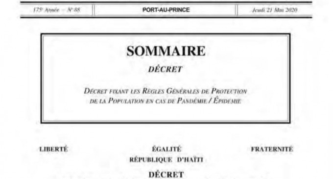 Décret fixant les règles générales de protection de la population en cas de pandémie / épidémie. –   Moniteur #88  jeudi 21 mai 2020.-